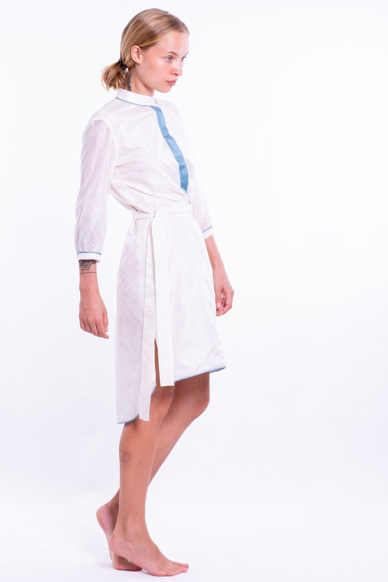 ALEXIA robe 100% soie fine naturelle blanc & bleu image 3