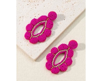 Beaded Flower Earrings with Rhinestone Accents - Fuchsia