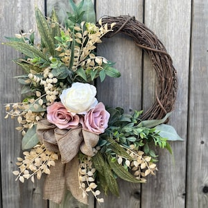 Mixed Eucalyptus & Rose Front Door Wreath, Spring~Summer Wreath