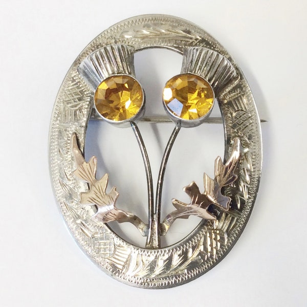 Vintage Sterling Silver, Rose Gold & Citrine Scottish Thistle Brooch Pin By Ward Brothers 1956 8.7g