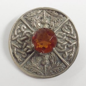 Antique Silver Plated & Citrine Glass Scottish Kilt Brooch Pin Circa 1900