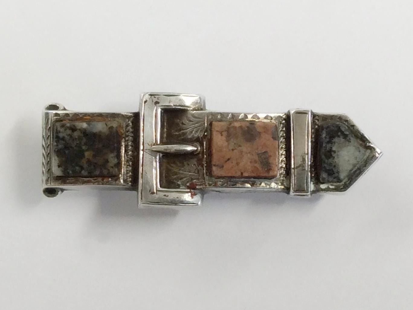 Broche Ancienne En Argent Massif Sterling Avec Agate Véritable - Bijou Vintage - Occasion