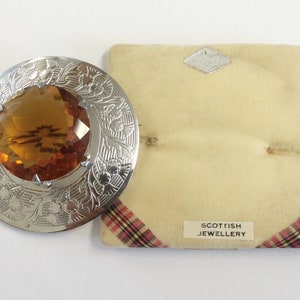 Vintage Chrome Metal & Citrine Glass Scottish Cloak Kilt Brooch Pin Circa 1950