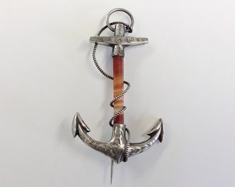 Superb Large Size Antique Victorian Sterling Silver & Scottish Agate Anchor Brooch Pin Circa 1880 14g