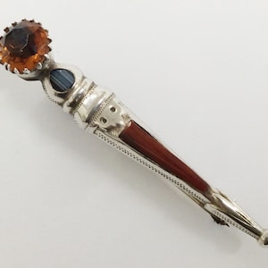 Vintage Sterling Silver Scottish Agate & Citrine Glass Dirk Brooch Pin By Robert Allison 1958 5.3g