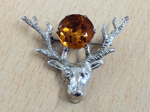 Vintage Sterling Silver Citrine Glass Scottish Stags Head Brooch Pin Circa 1950 Etsy