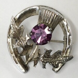May include: Silver brooch featuring a thistle, a horseshoe, and a purple rhinestone.