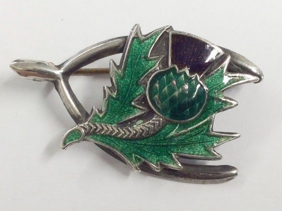 Antique Silver & Enamel Scottish Thistle Wishbone… - image 1