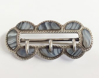 Broche Fine Argent 925 Sterling Avec Agate, Cornaline Et Nacre Motif Cygne - Occasion Bon état