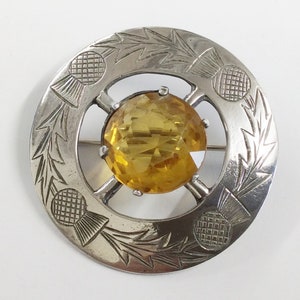 Vintage Sterling Silver & Citrine Glass Scottish Thistle Brooch Pin By Robert Allison 1952 13.1g