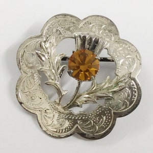 Vintage Silver Plated & Citrine Glass Scottish Thistle Brooch Pin Circa 1950 4.7g