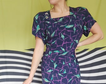 Violet Indigo Jewel Tone 40's Printed Rayon Dress with Rhinestones