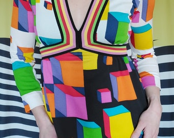 70's Rainbow Geometric Print Goldworm Maxi Dress