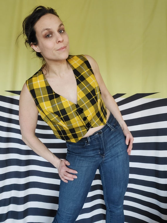 90's "Clueless" Style Crop Yellow Plaid Vest