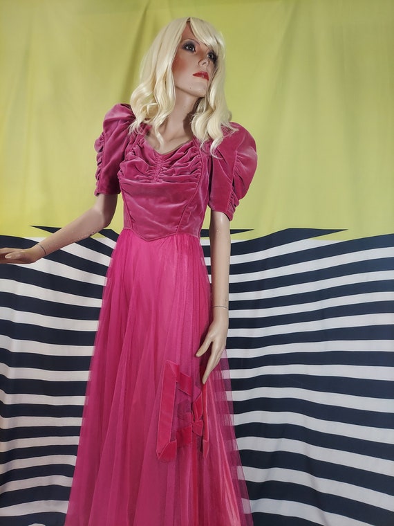 40's Shocking Pink Velvet and Tulle Ballgown