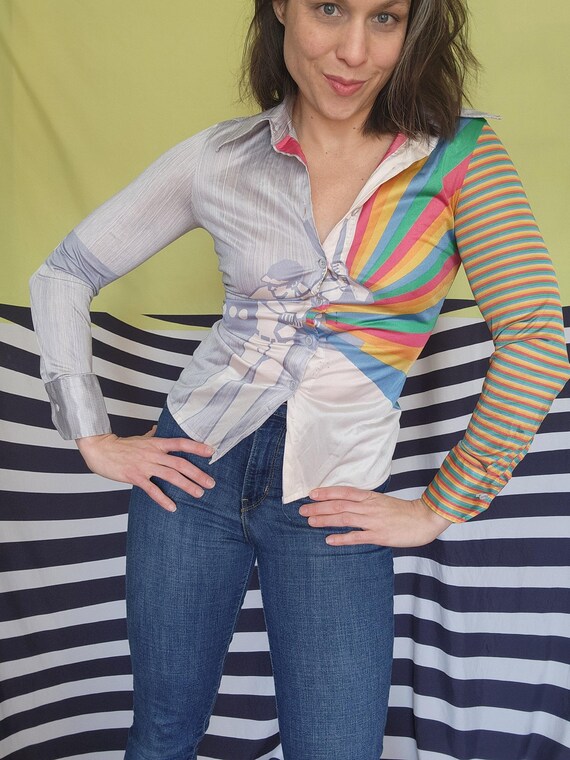 70’s Nik Nik Rainbow Baseball Print Disco Blouse