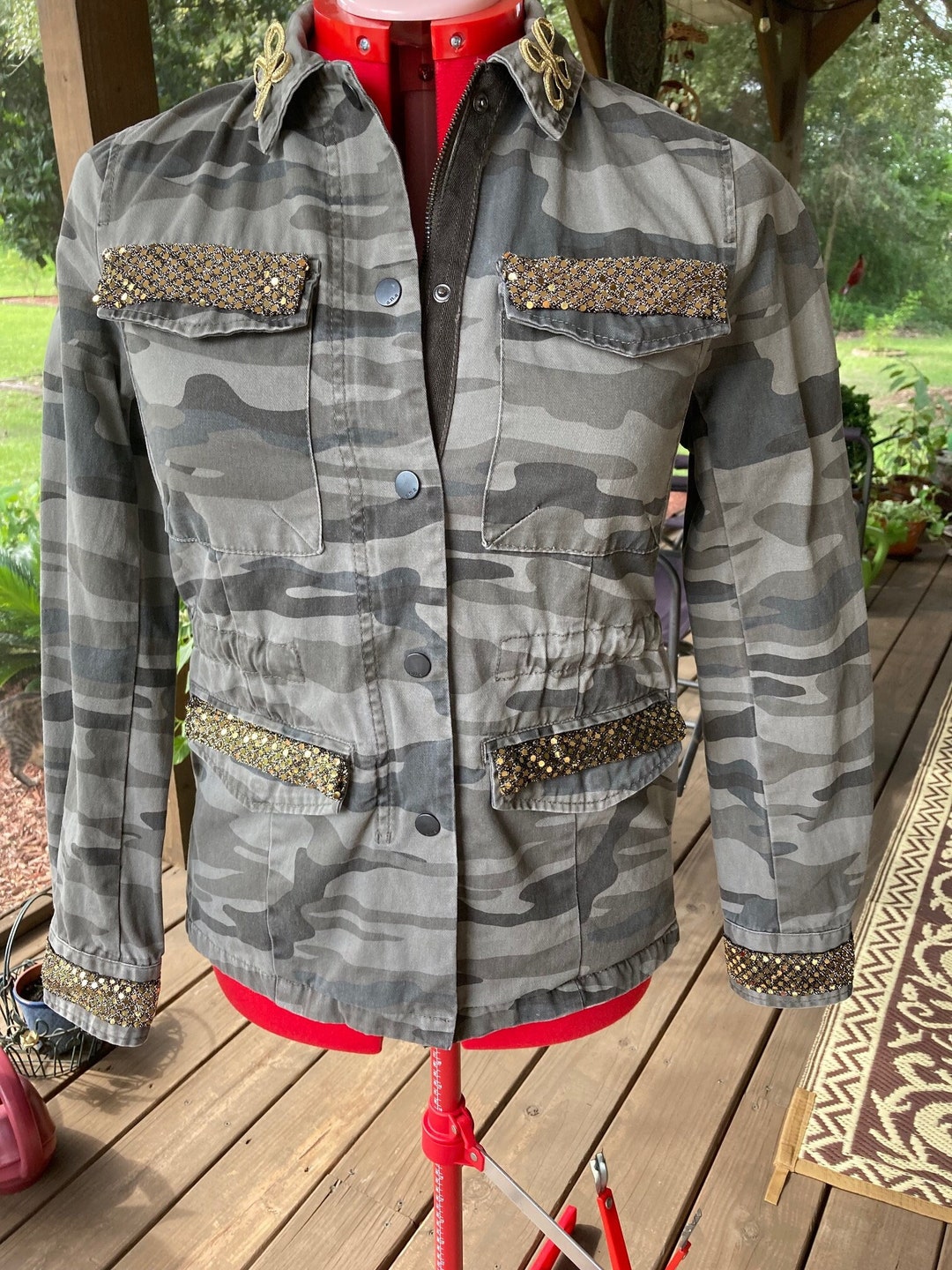 Embellished Camo Jacket Uniquely Adorned Upcycled Jacket, Shiny Sequin