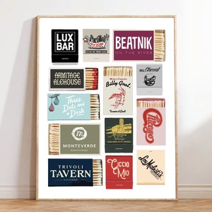 May include: A collection of 12 matchbox labels featuring various Chicago restaurants and bars. The labels are arranged in a grid pattern on a white background. The labels feature a variety of colors and designs, including red, blue, green, and yellow. The labels include the names of the restaurants and bars, as well as their logos and slogans.