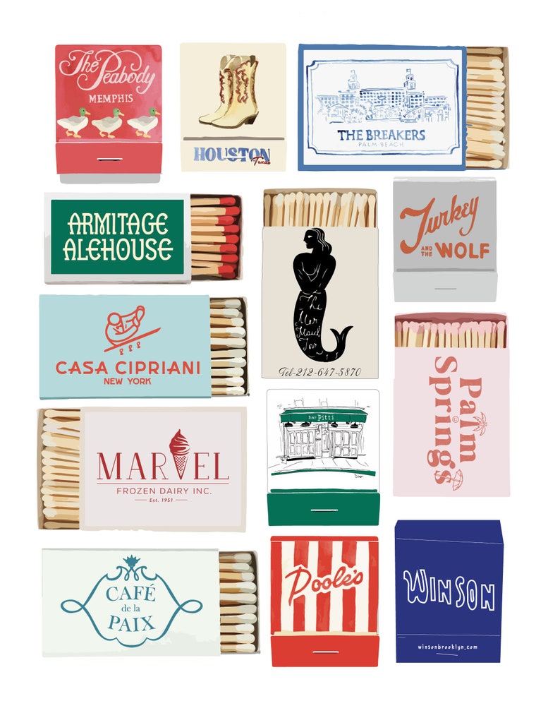 May include: A collection of matchbox labels featuring various designs, including a hotel, a restaurant, a frozen dairy company, a cafe, and a mermaid. The matchboxes are all in different colors and styles.