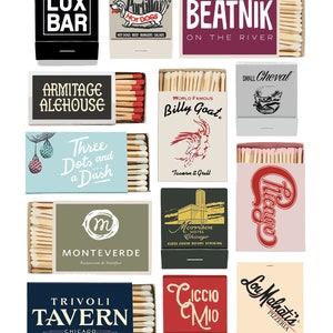 May include: A collection of matchbox labels featuring various Chicago-themed businesses, including restaurants, bars, and a hotel. The labels are colorful and feature illustrations and text.