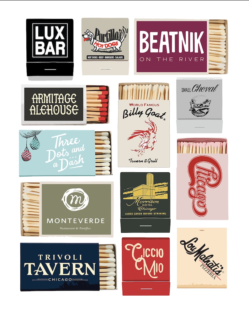 May include: A collection of matchbox labels featuring various Chicago-themed businesses, including restaurants, bars, and a hotel. The labels are colorful and feature illustrations and text.