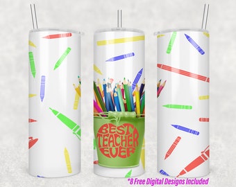 May include: Three white tumblers with colorful pencil designs. The center tumbler has a green apple with the text "Best Teacher Ever".