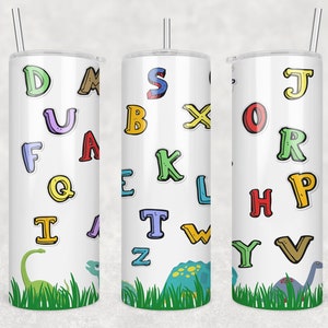 AbC Dinosaurios 20 oz Skinny Tumbler Sublimation Design Template Descargar PNG DIGITAL 20 PNG Wrap incluye 8 diseños digitales gratuitos