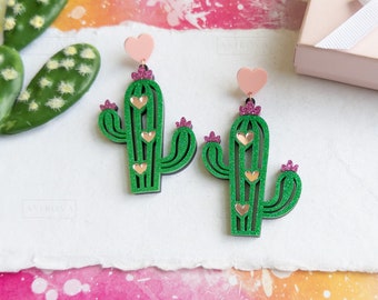 Pink Heart Cactus Acrylic Earrings | Cinco de Mayo | Southwest Earrings | Western Earrings | Acrylic Earrings | Dangle Earrings