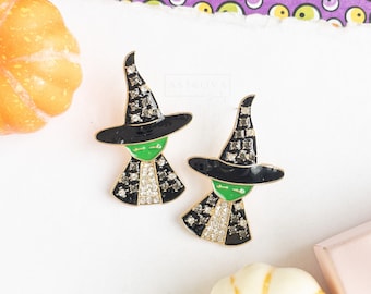 Green Witch Crystal Earrings | Wicked Witch Earrings | Halloween Earrings | Witch Hat Earrings | Halloween Party Attire | Stud Earrings