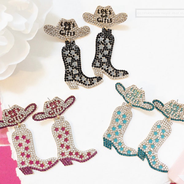 Cowboy Boots & Hat Earrings | Let’s Go Girls Western Earrings | Crystal Statement Earrings | Bachelorette Bridesmaids Gift | Dangle Earrings