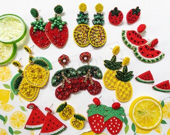 Fruit Bead Earrings | Summer & Spring Earrings | Strawberry Dangle Earrings | Watermelon Slice | Pineapple | Seed Bead Statement Earrings