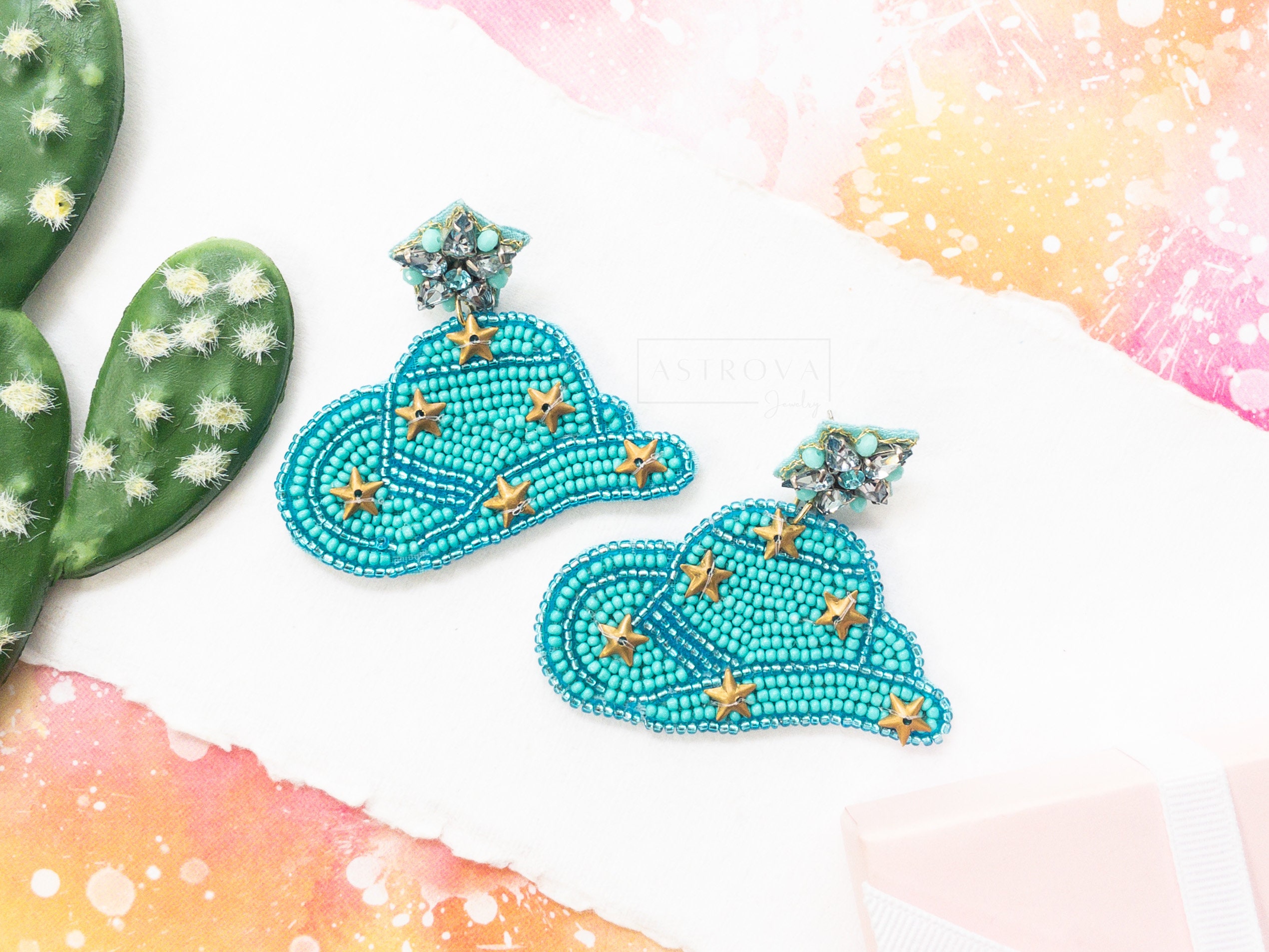 Cowgirl Hat Seed Bead Earrings Cowboy Hat Earrings Crystal Etsy