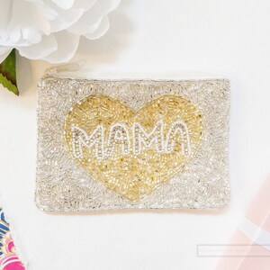 Mom & Mama Seed Bead Coin Purse Mother's Day Gifts Birthday Gift for Her Beaded Purse Beaded Clutch Gifts for New Moms Mama White