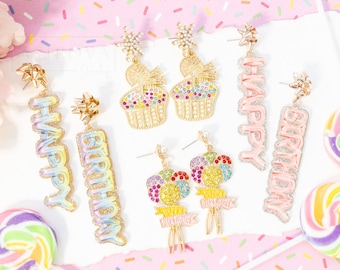 Birthday Crystal Earrings | Happy Birthday Balloon Earrings | Cupcake Earrings | Birthday Gifts for Her | Birthday Party Favors