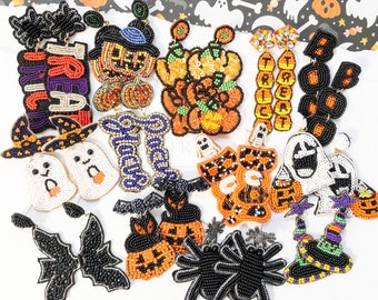 Halloween Bead Earrings | Jack-o-Lantern Earrings | Ghost Earrings | Pumpkin Earrings | Holiday Earring Gifts | Seed Bead Statement Earrings