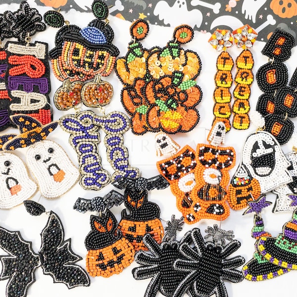 Halloween Bead Earrings | Jack-o-Lantern Earrings | Ghost Earrings | Pumpkin Earrings | Holiday Earring Gifts | Seed Bead Statement Earrings