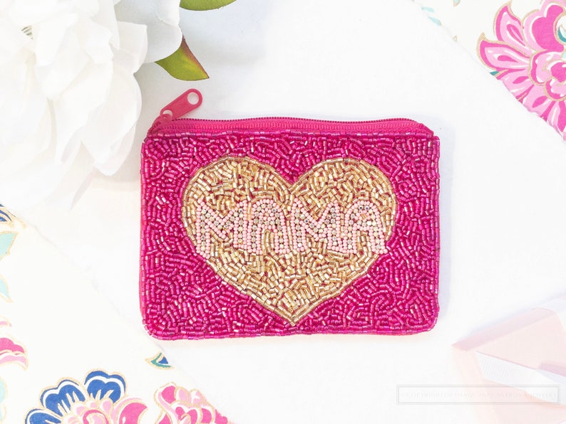 Mom & Mama Seed Bead Coin Purse Mother's Day Gifts Birthday Gift for Her Beaded Purse Beaded Clutch Gifts for New Moms Mama Pink