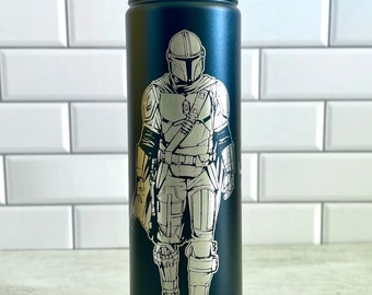 FREE Personalization MANDALORIAN Star Wars Custom Insulated Steel Laser Engraved Etched Tumbler Water Bottle 20oz 24oz 40oz