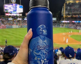 Personalized LA Baseball Water Bottle – Custom Name & Number Engraved – Insulated Sports Bottle – Blue Fan Gift – 32oz Stainless