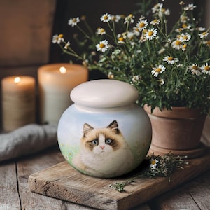 Custom Hand-Painted Ceramic Cat Urn | Personalized Ragdoll Cat Portrait Cremation Urn for Ashes