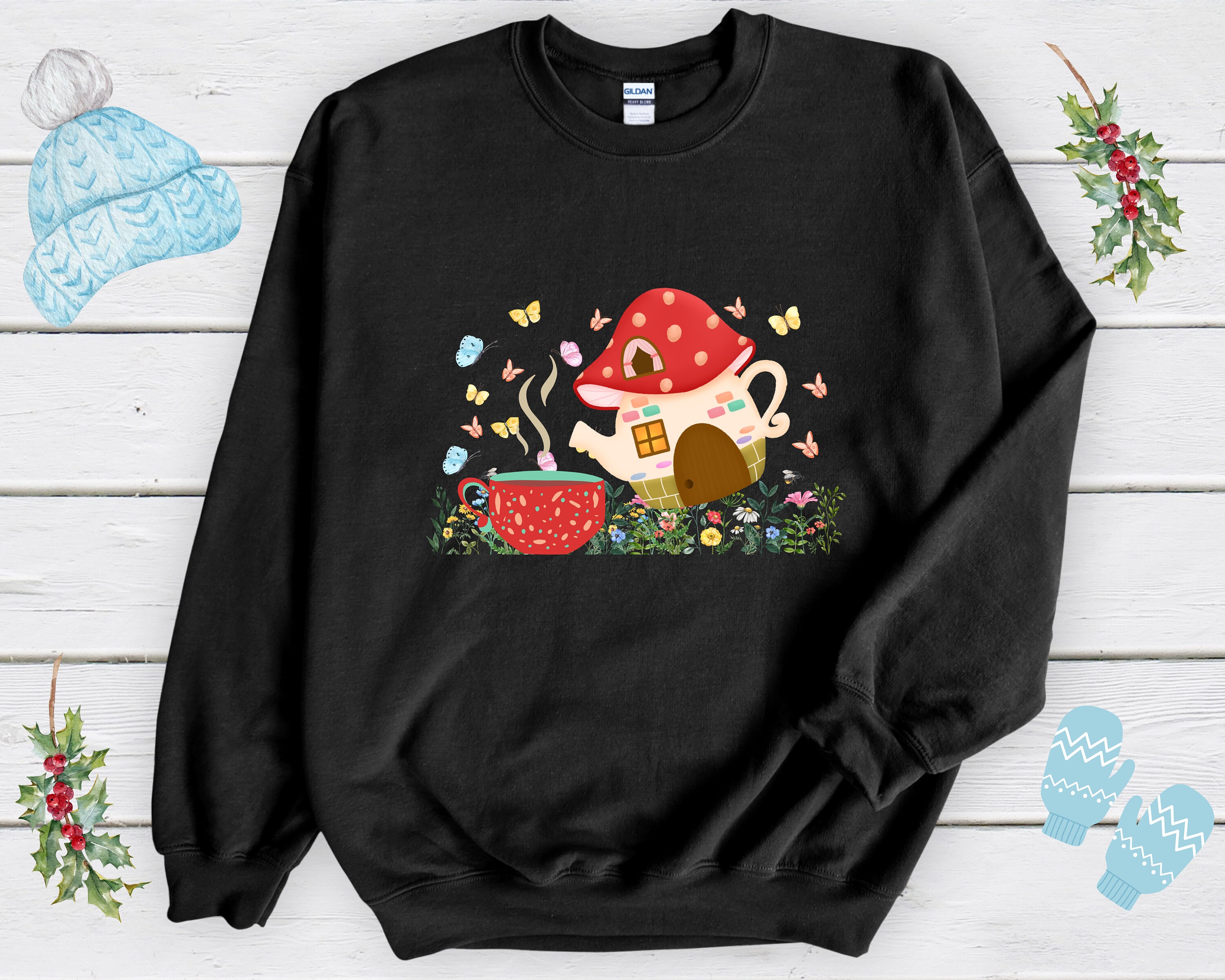 Women's Cottagecore Mushroom Teapot Pouring Tea Sweatshirt Etsy