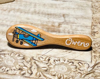 Personalized Baby Brush, Hand Painted Airplane Design, Baby Shower Gift