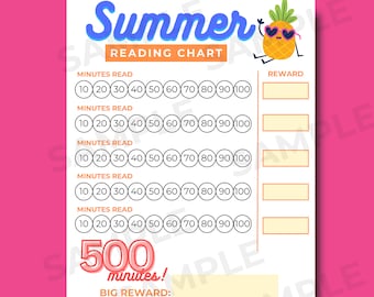 Puede incluir: Un gráfico de lectura de verano imprimible con una piña de dibujos animados que lleva gafas de sol. El gráfico tiene cinco filas con espacios para hacer un seguimiento de los minutos de lectura en incrementos de 10, de 10 a 100. Cada fila tiene un espacio para una recompensa. El gráfico también tiene un espacio para una gran recompensa después de 500 minutos de lectura.