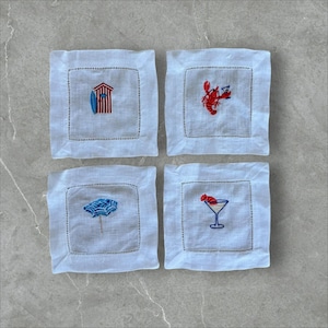 Embroidered Coastal Linen Cocktail Napkins, Set of 4 | Engagement Gift | Wedding Shower Gift | Couples Gift