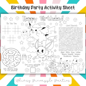 Tovaglietta per feste con personaggi scaricabile all'istante, foglio attività per feste di compleanno, ricerca parole Pokemon, tovaglietta Pokemone