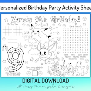 Personalized Character Party Placemat, Birthday Party Activity Sheet, Personalized Word Search, Pokemone Placemat