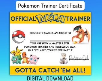 Pokemone Official Trainer Certificate, INSTANT DOWNLOAD, Pockemon Birthday Printable, Pockemon Party Favors, Pokemone Go, PDF