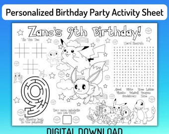 Personalized Character Party Placemat, Birthday Party Activity Sheet, Personalized Word Search, Pokemone Placemat