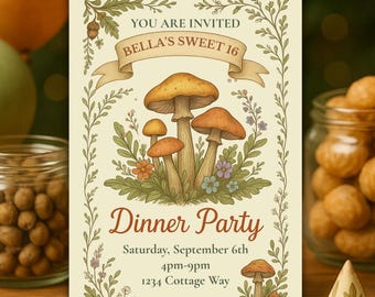 Modèle de dîner aux champignons Cottagecore, carte toile modifiable, anniversaire dans les bois, garden-party