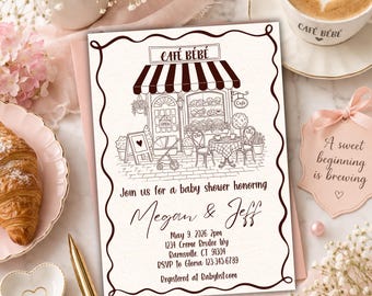 Faire-part de baby shower Cafe Bebe, thème parisien, modèle de toile modifiable (téléchargement numérique)